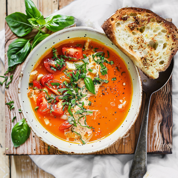 Homemade Tomato Soup with Basil and Toasted Bread