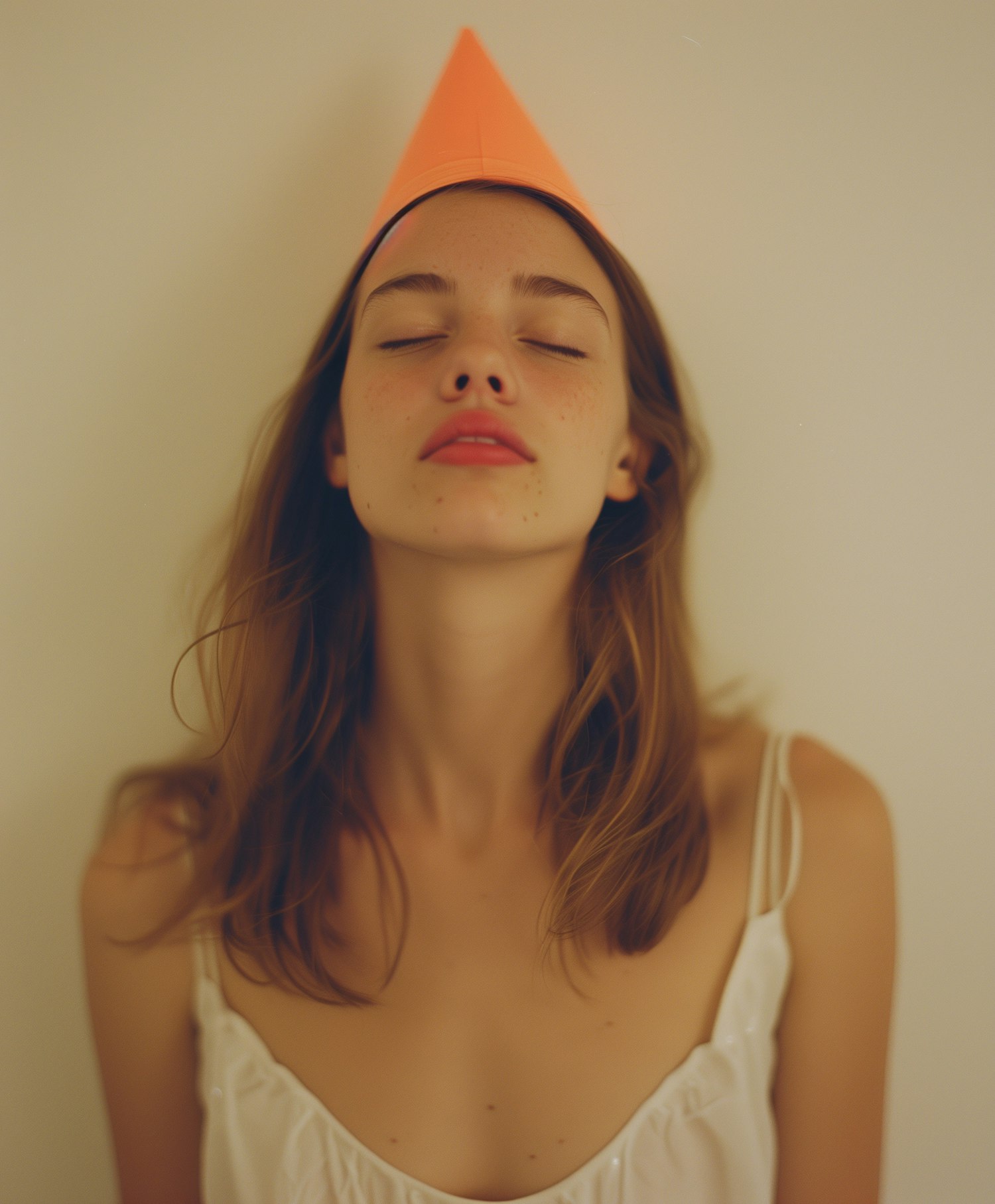 Serene Young Woman with Orange Party Hat