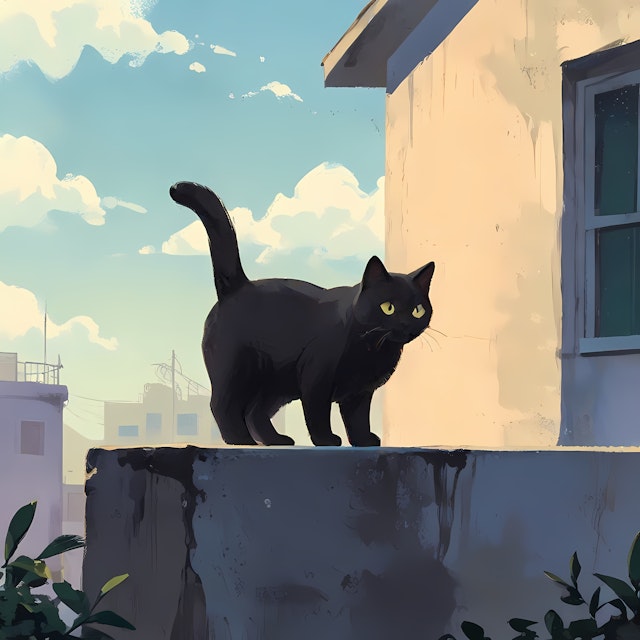 Sleek Black Cat on Ledge