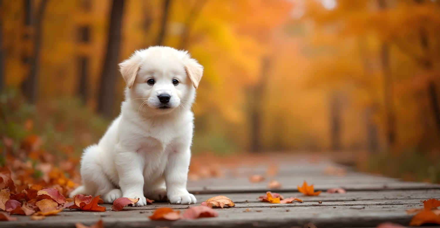 Fluffy White Puppy in Autumn