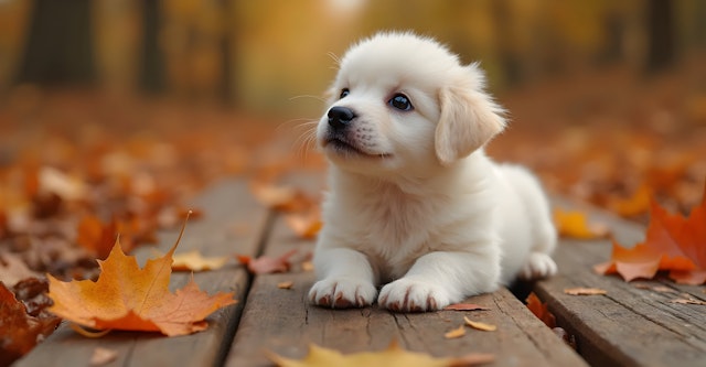 Fluffy White Puppy in Autumn