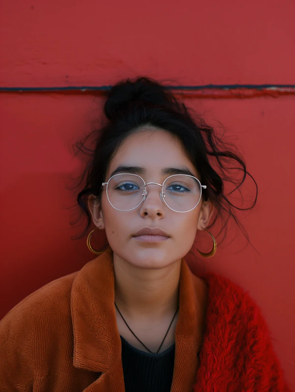 Young Woman with Round Glasses and Hoop Earrings