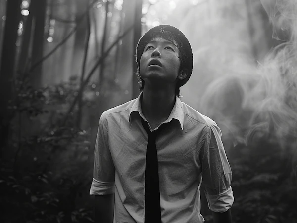 Contemplative Young Man in Misty Forest
