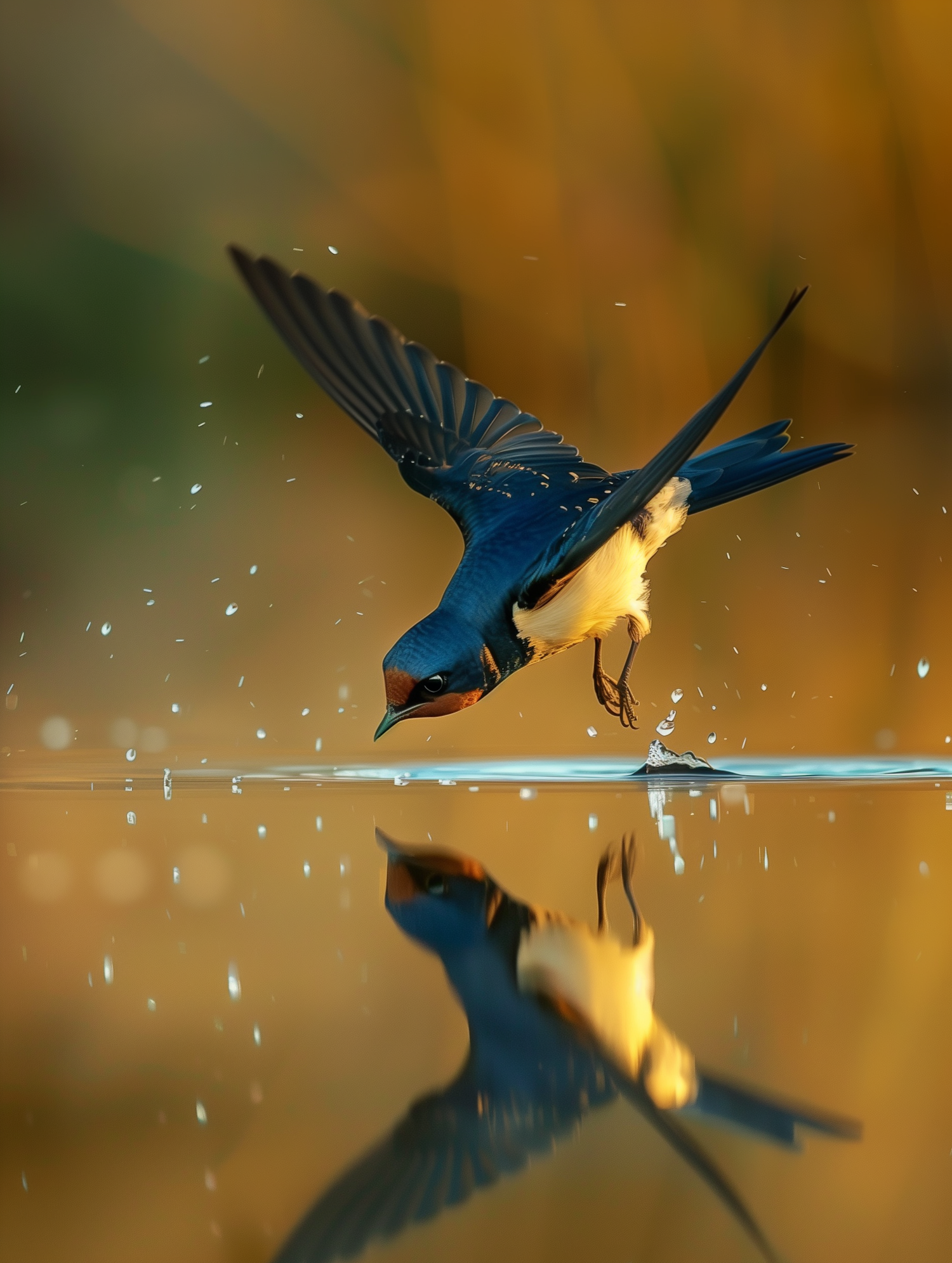 Barn Swallow in Flight Over Water