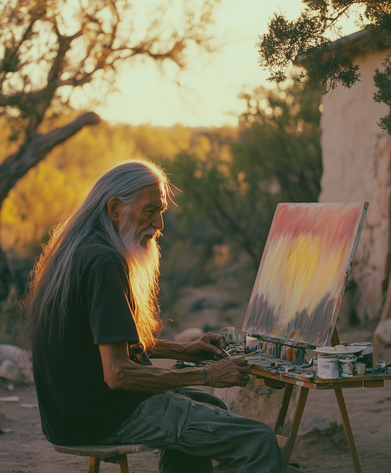 Elderly Man Painting Outdoors