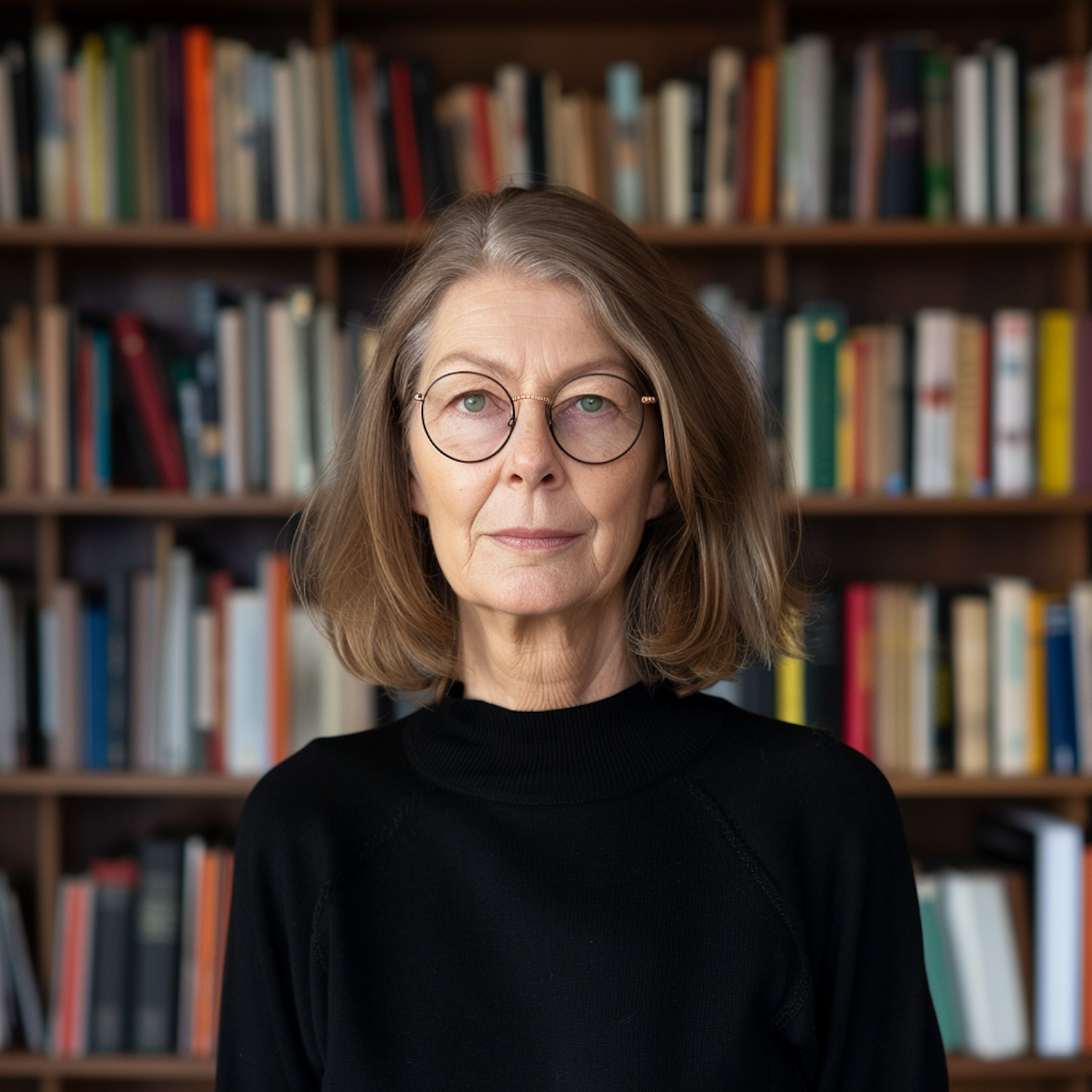 Elderly Woman with Bookshelf