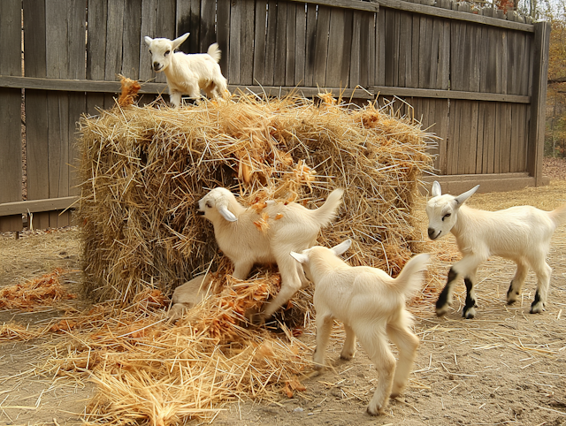 Playful Baby Goats on Haystack