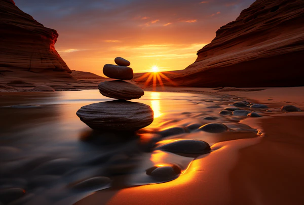 Tranquil Equilibrium: Sunset and Stones