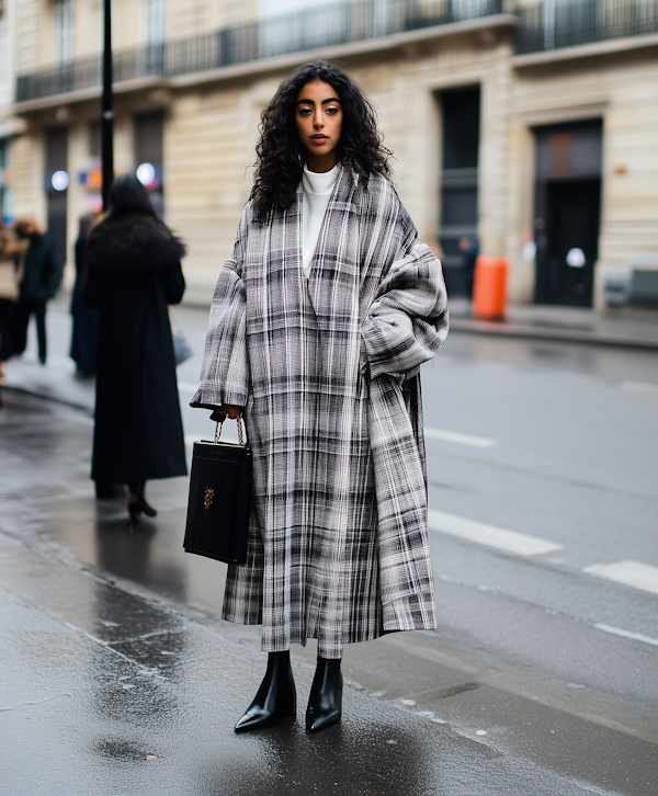 Woman in Plaid Coat on Wet City Street