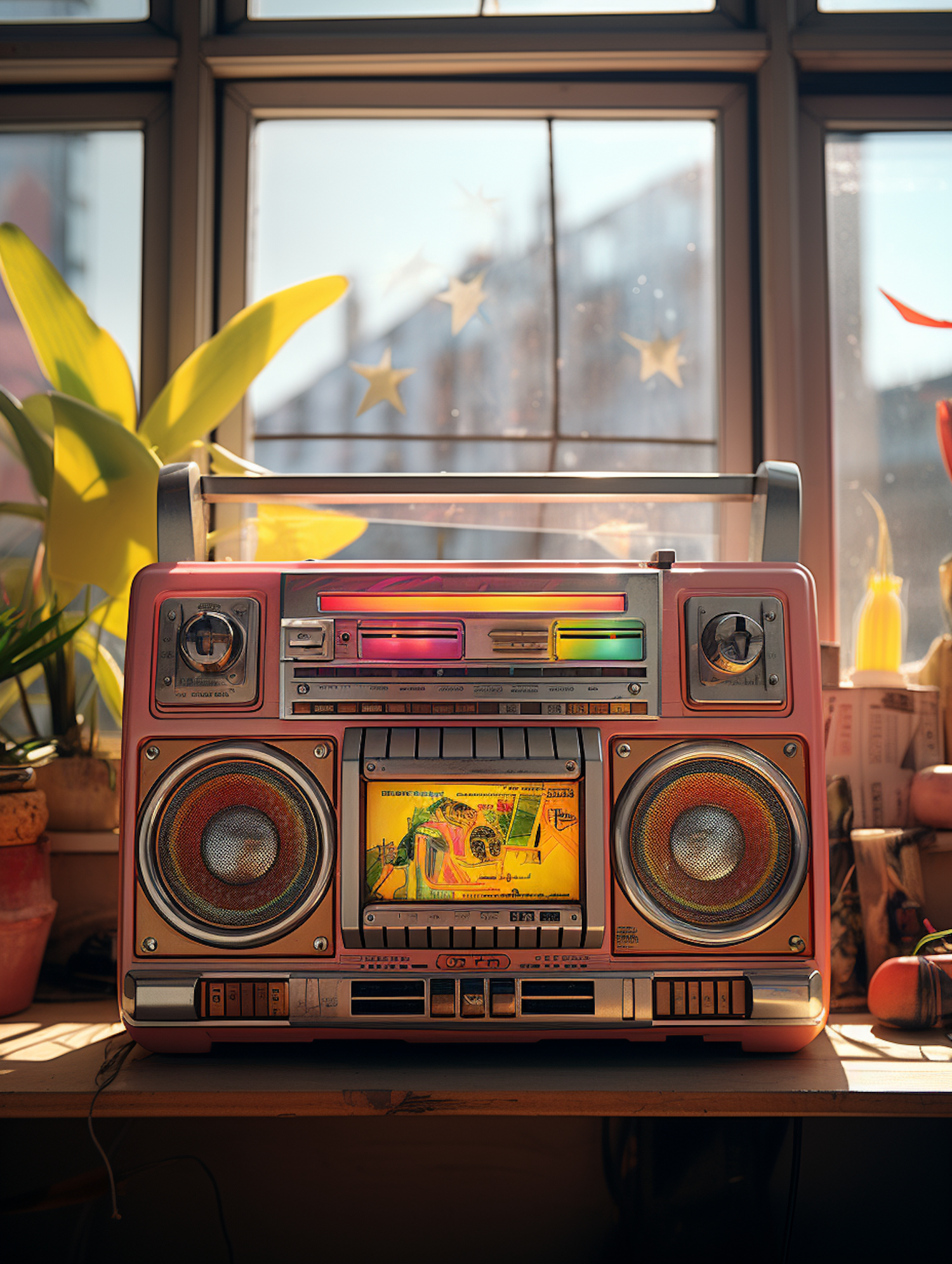 Retro Pastel Red Boombox with Yellow Cassette