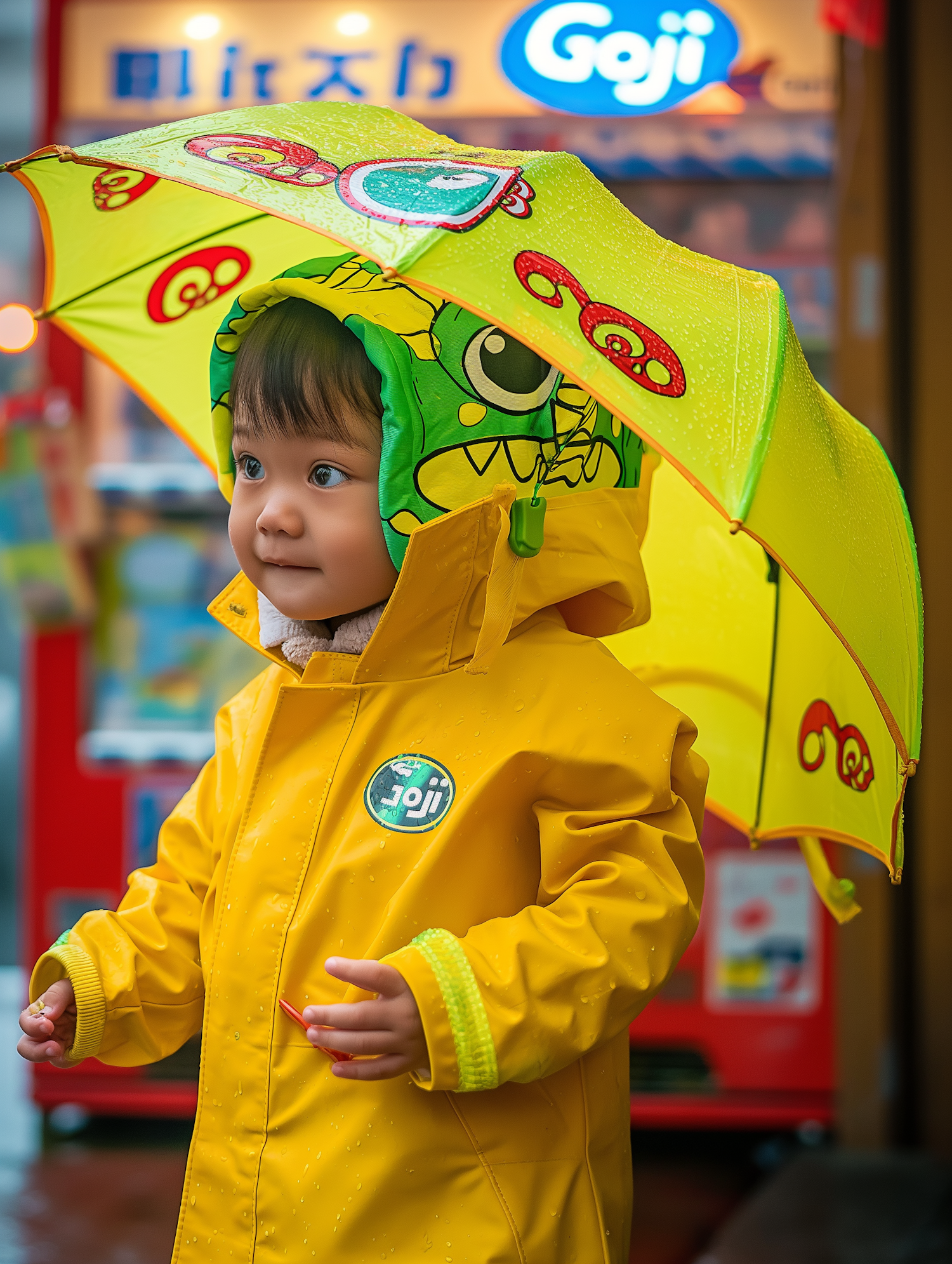 Child in Raincoat with Umbrella