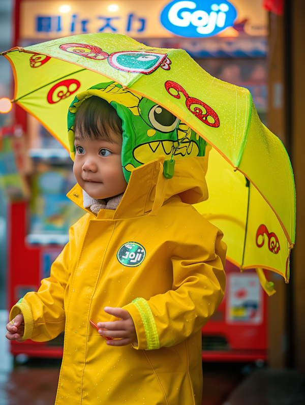 Child in Raincoat with Umbrella