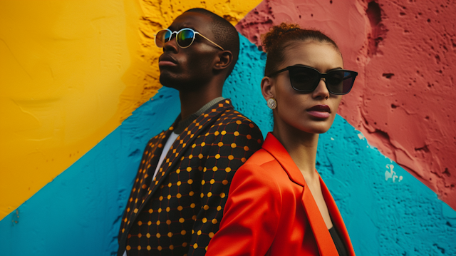 Fashionable Duo against Colorful Wall