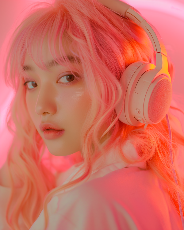 Serene Pink-Haired Woman with Headphones