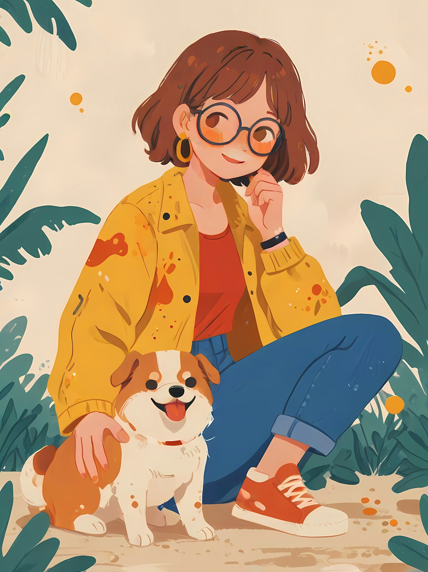 Woman with Dog in Vibrant Illustration