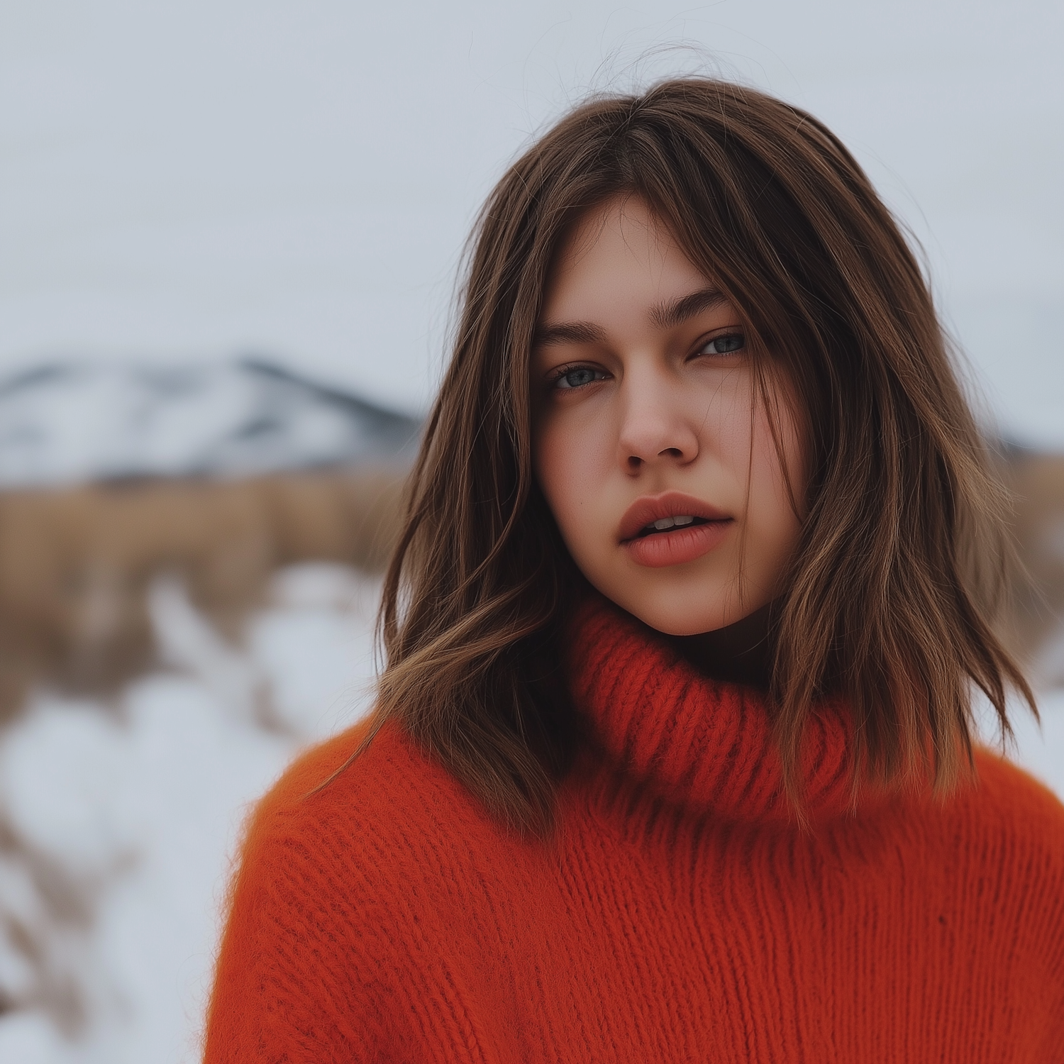 Woman in Orange Sweater in Snowy Landscape