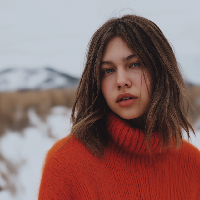 Woman in Orange Sweater in Snowy Landscape