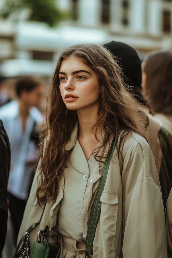 Contemplative Woman in Crowd