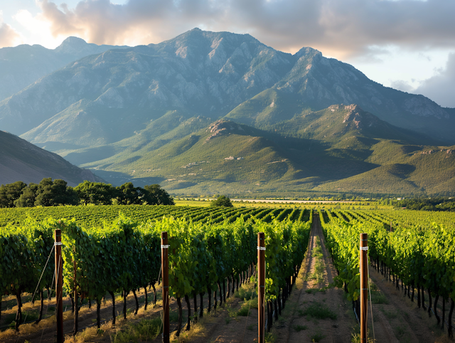 Lush Vineyard and Majestic Mountains Scenery