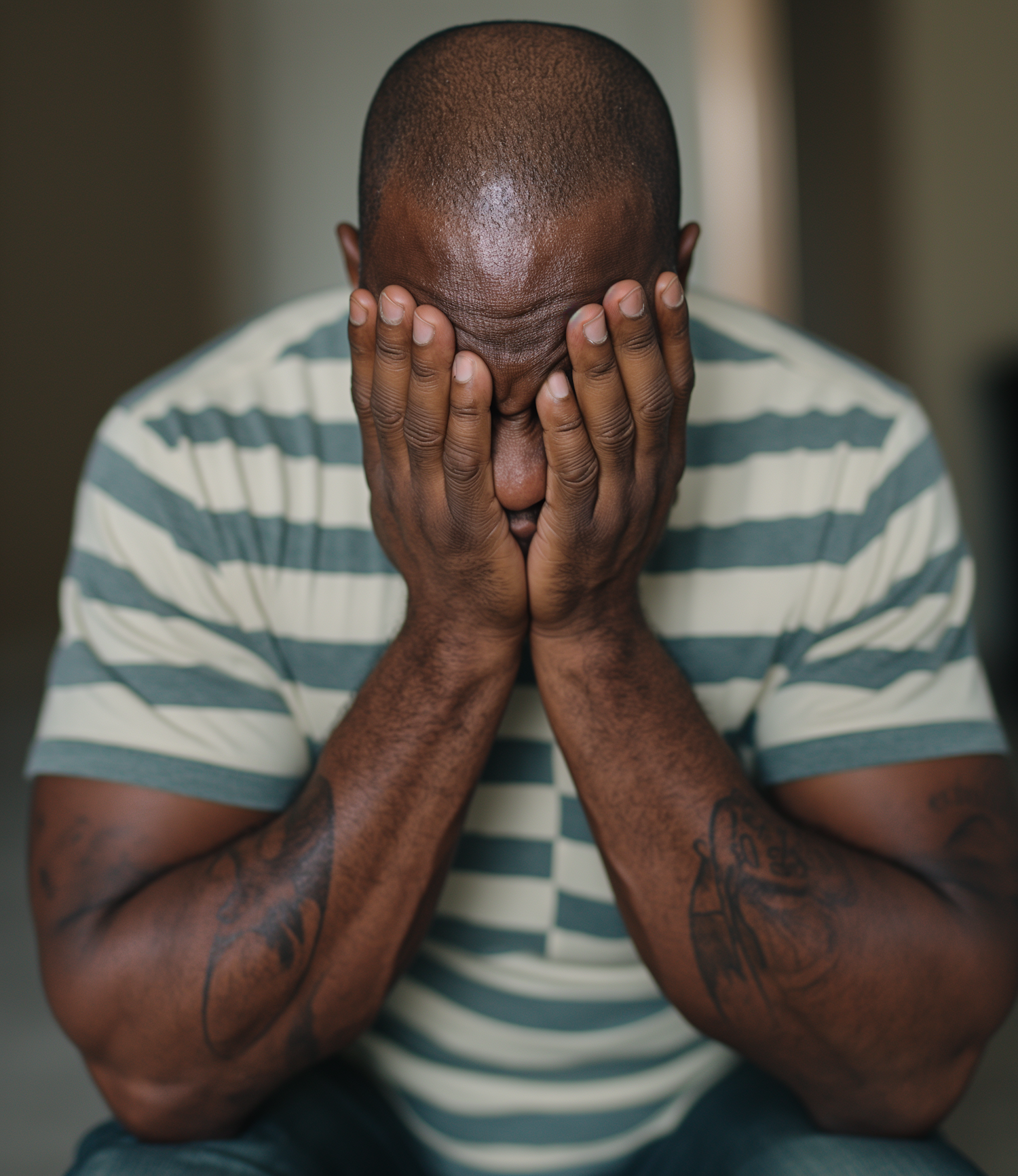 Contemplative Man with Tattoos