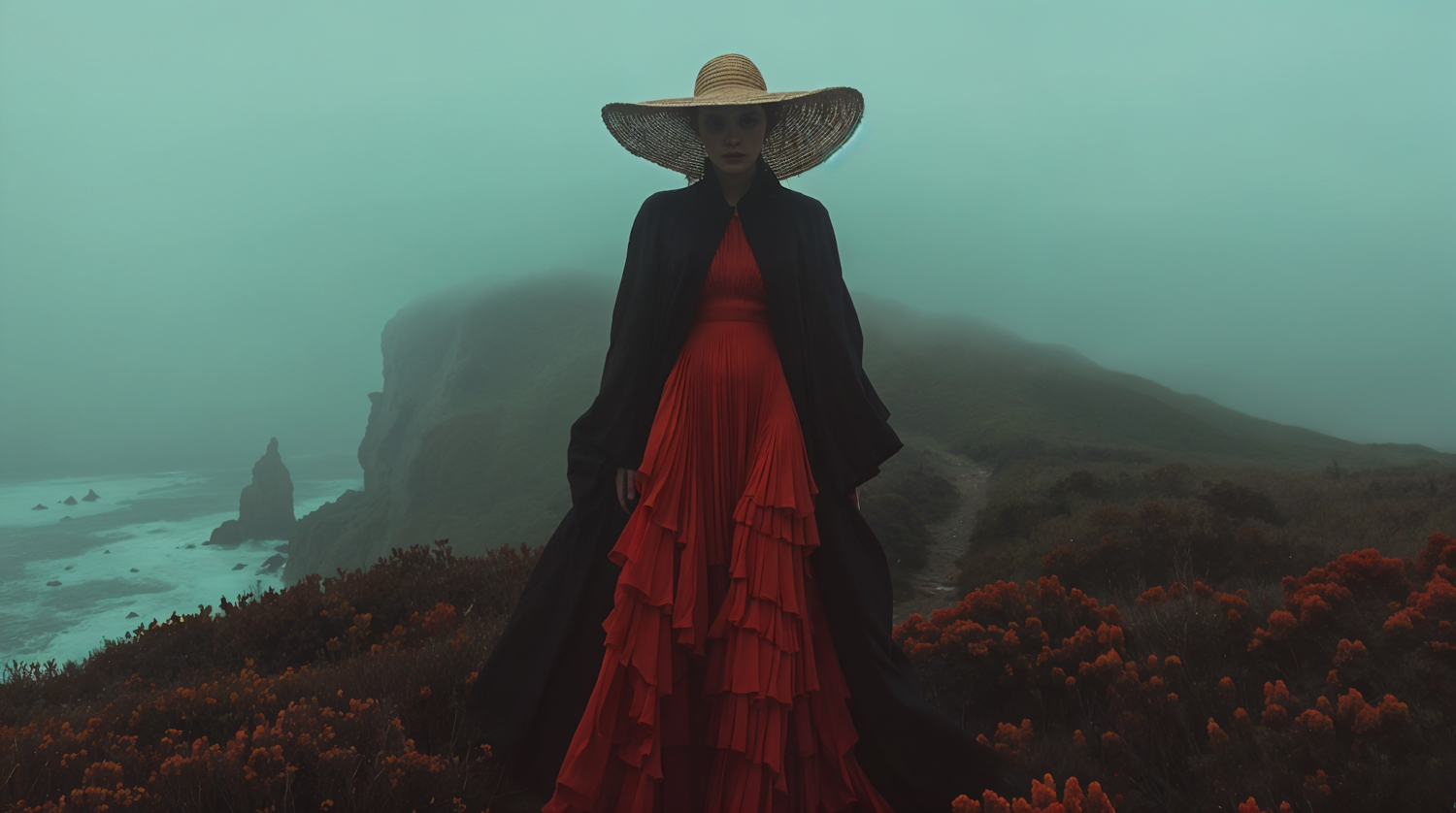 Woman in Misty Coastal Landscape