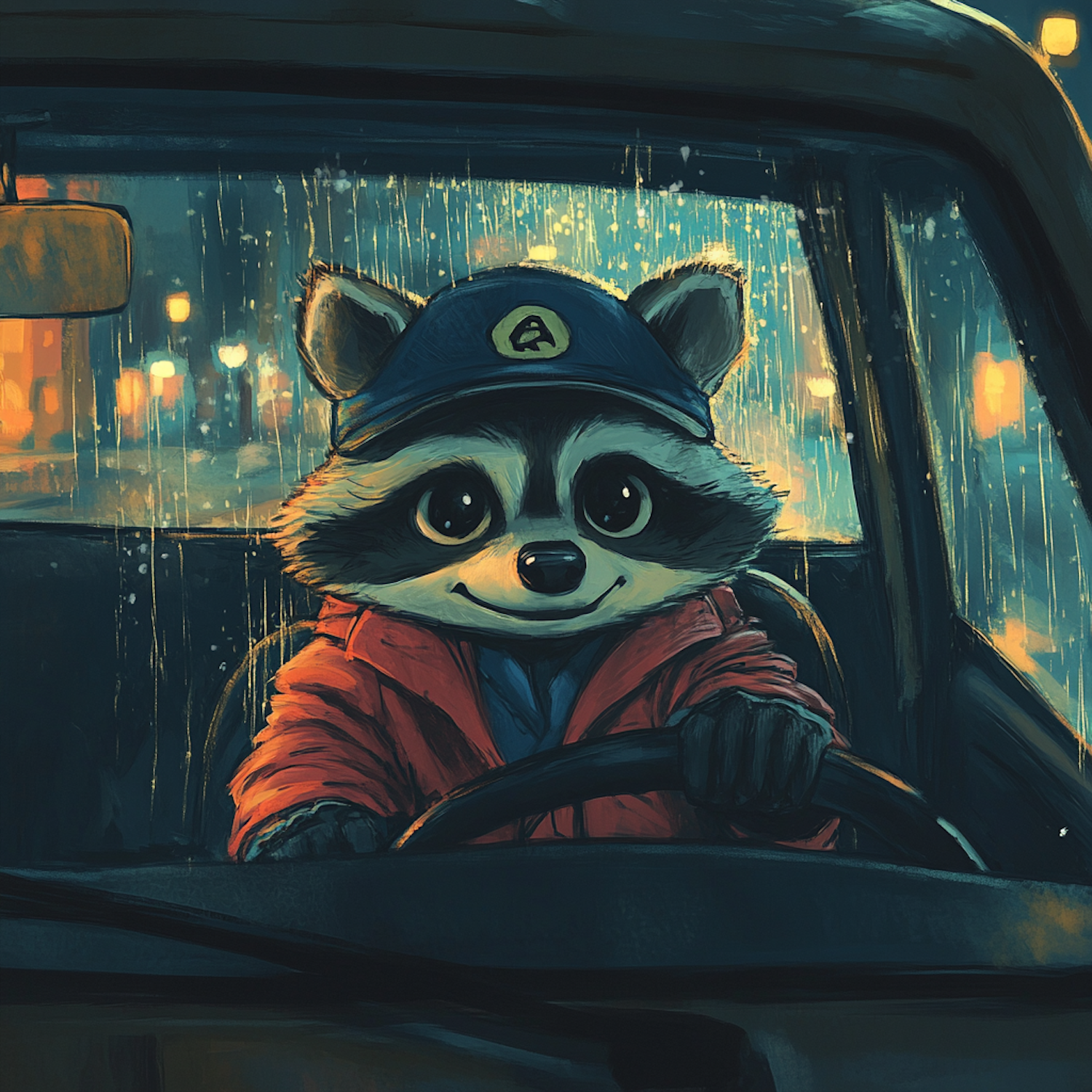 Raccoon Driver on a Rainy Night