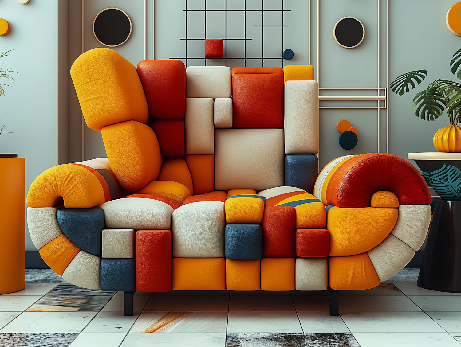 Colorful Geometric Cushion Chair in Contemporary Room