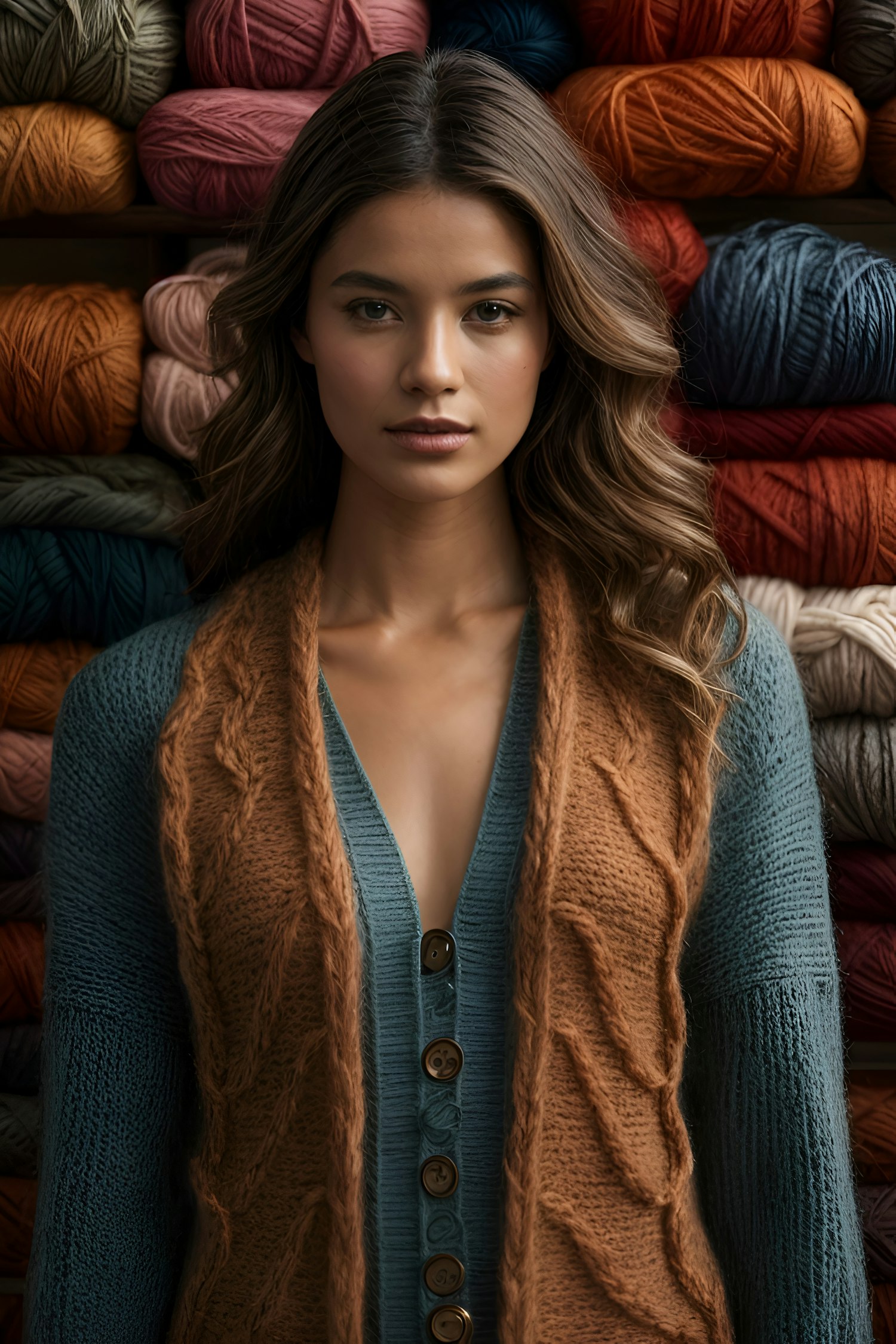 Woman with Knitted Garment and Yarn Backdrop