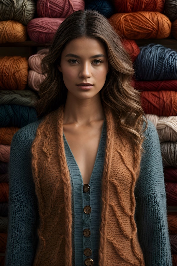 Woman with Knitted Garment and Yarn Backdrop