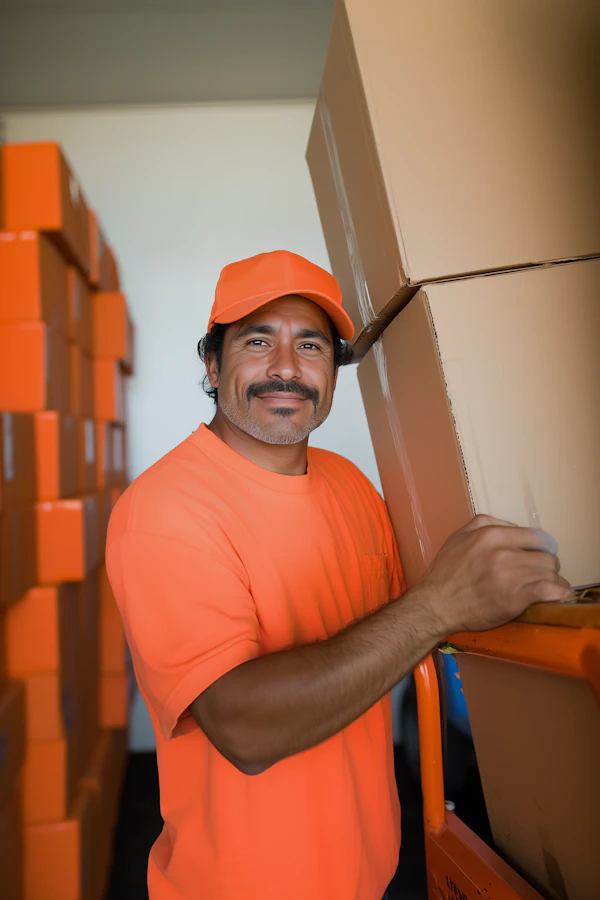 Man with Orange Cap and Boxes