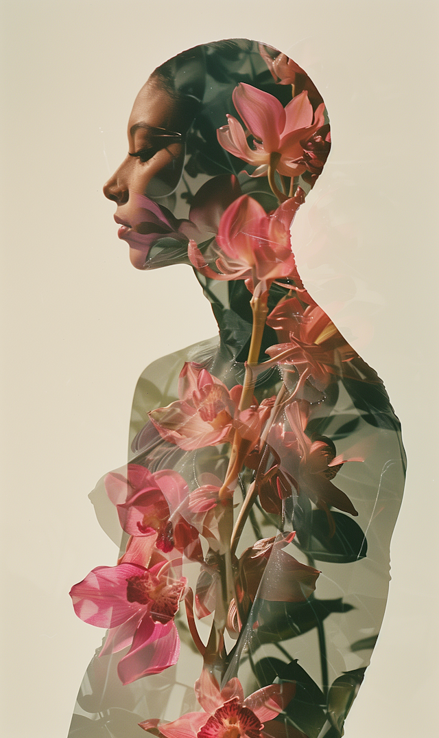 Double Exposure of Woman and Orchids