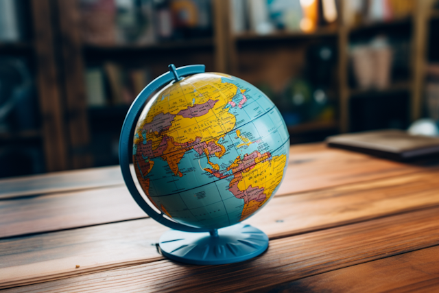 Vibrant Tabletop World Globe on Wooden Surface