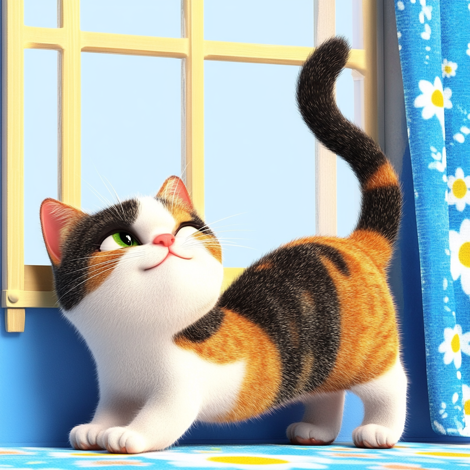 3D modeled curious cat beside sunny window