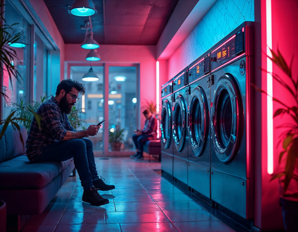 Modern Laundromat with Neon Lighting