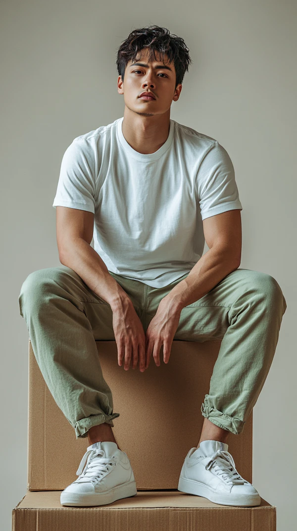 Young Man Sitting on Cardboard Box