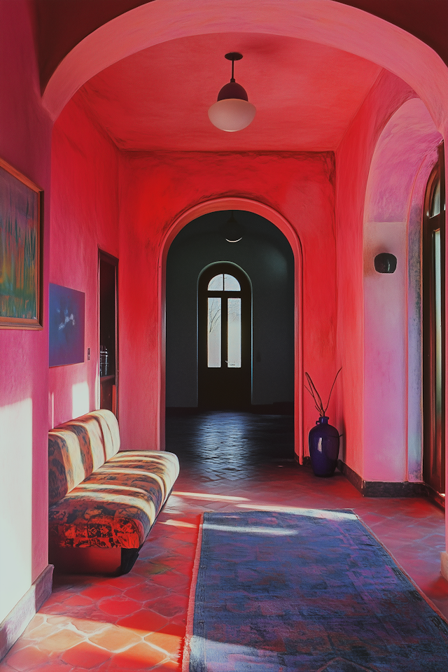 Vibrant Hallway with Red and Pink Walls