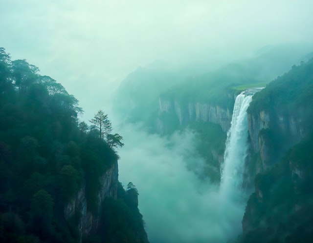 Majestic Waterfall in Misty Forest