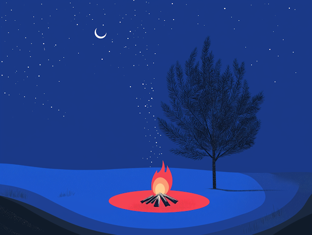 Serene Nighttime Landscape with Campfire