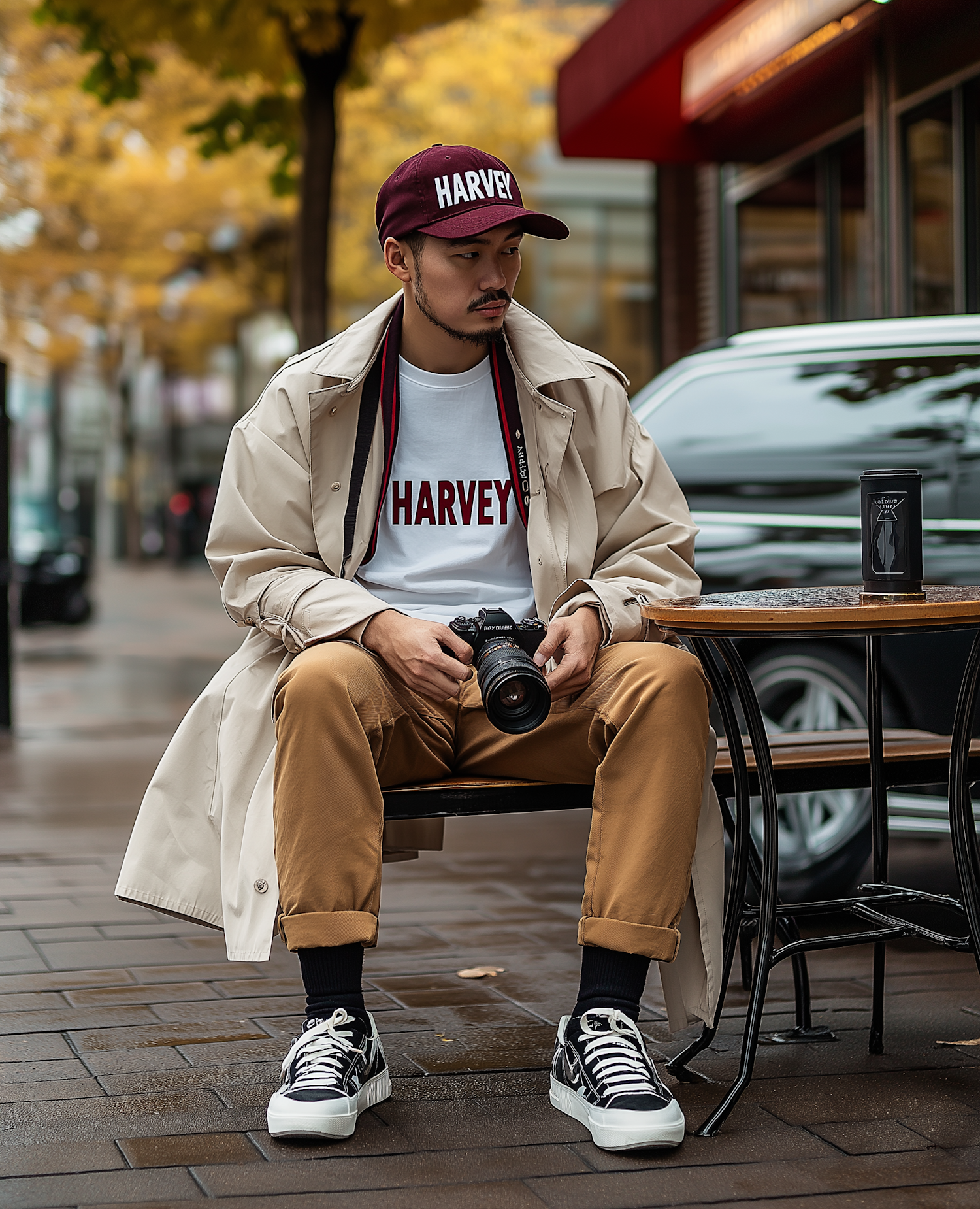 Man at Outdoor Café with Camera