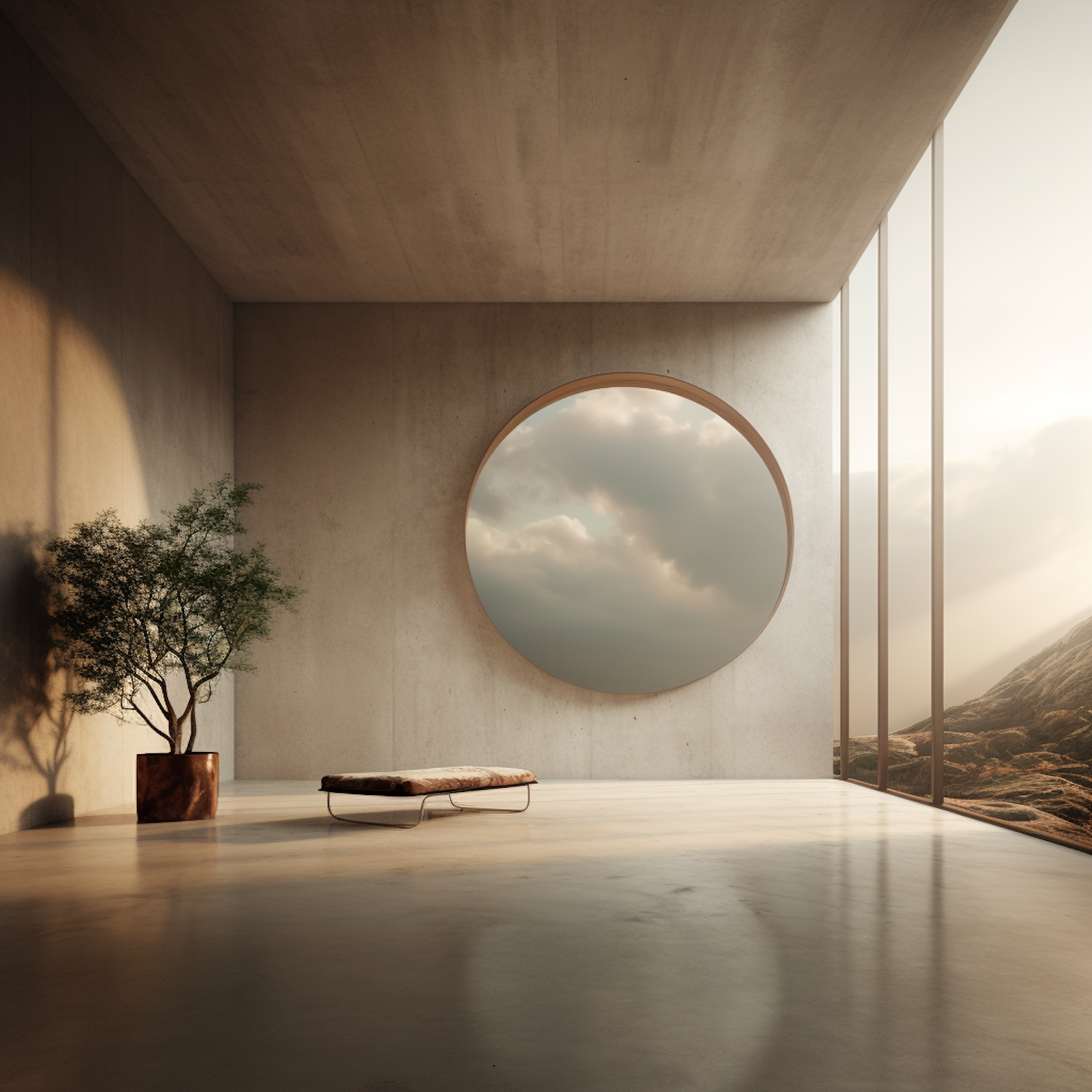 Serene Minimalism: Concrete Interior with Nature View