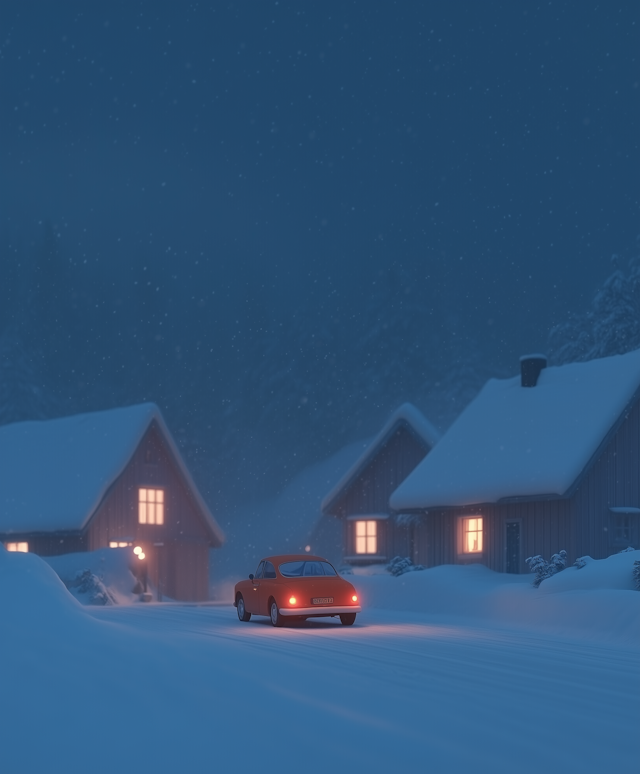 Serene Winter Scene with Vintage Red Car