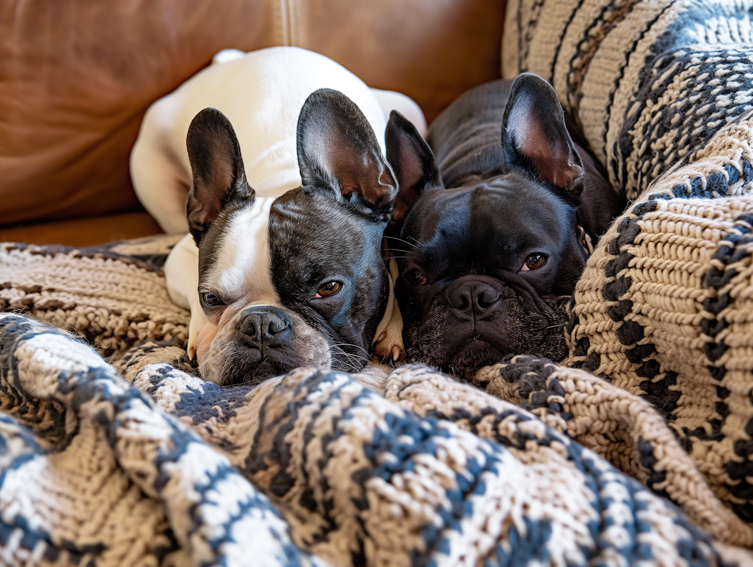 French Bulldogs on Knitted Blanket