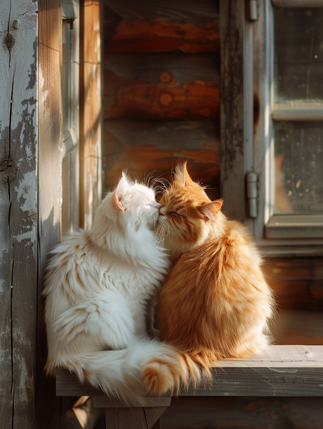 Affectionate Cats on a Wooden Ledge