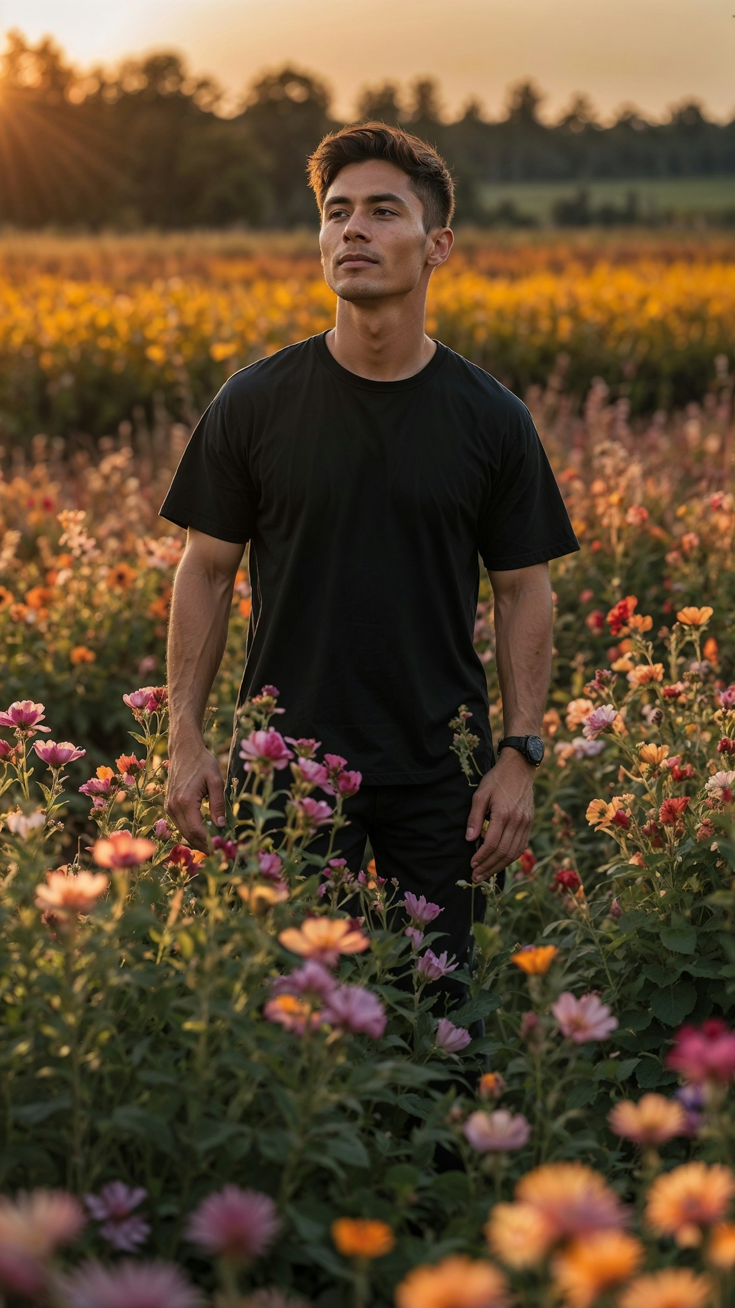 Man in Flower Field at Sunset