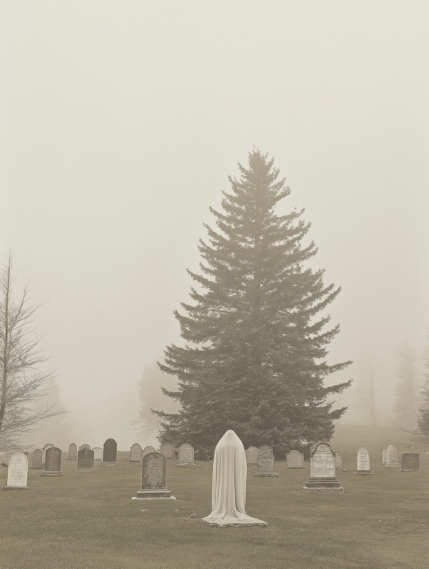 Foggy Cemetery with Ghostly Figure