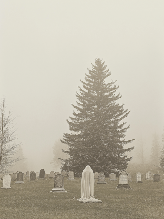 Foggy Cemetery with Ghostly Figure