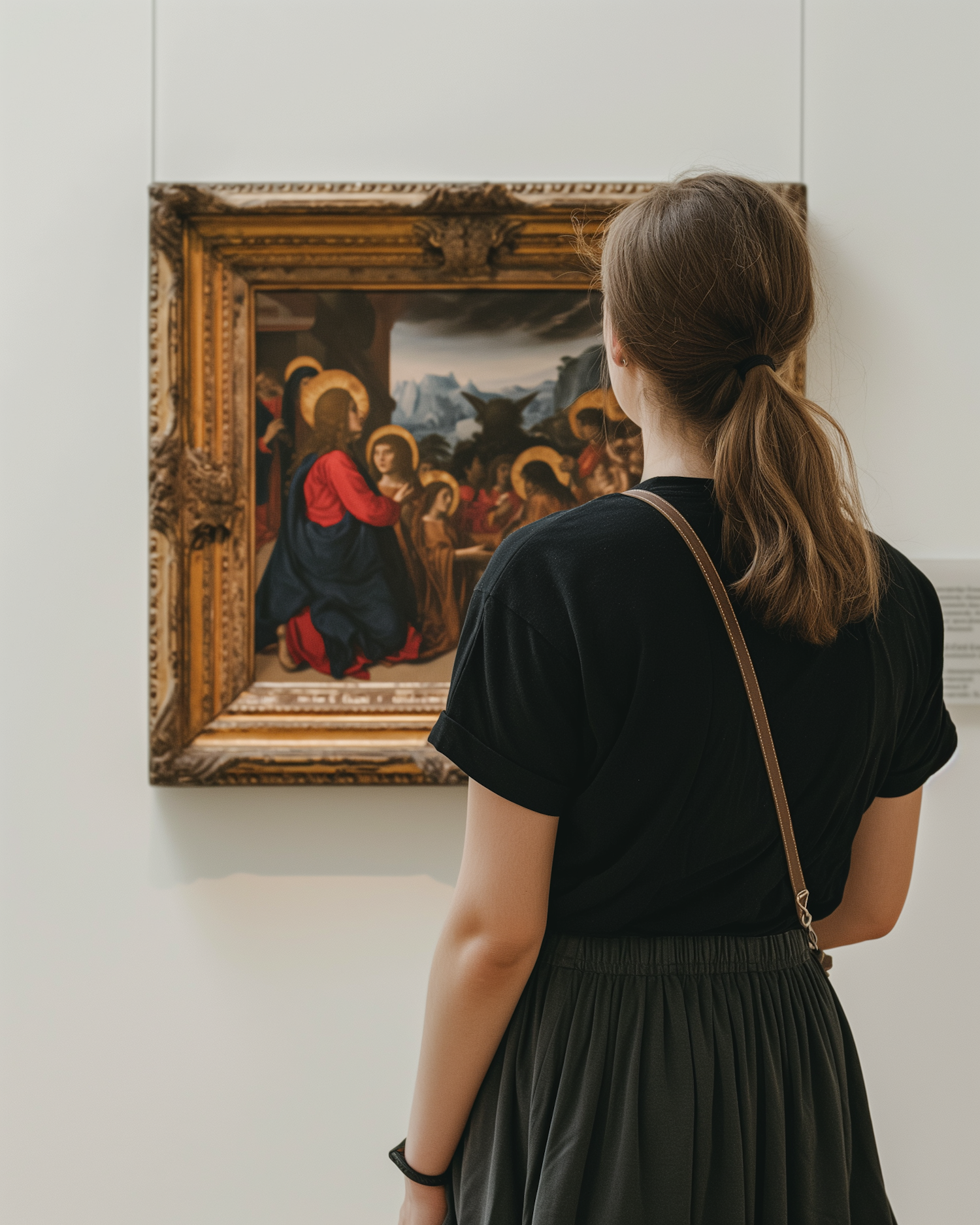 Woman Observing Classical Art in Gallery