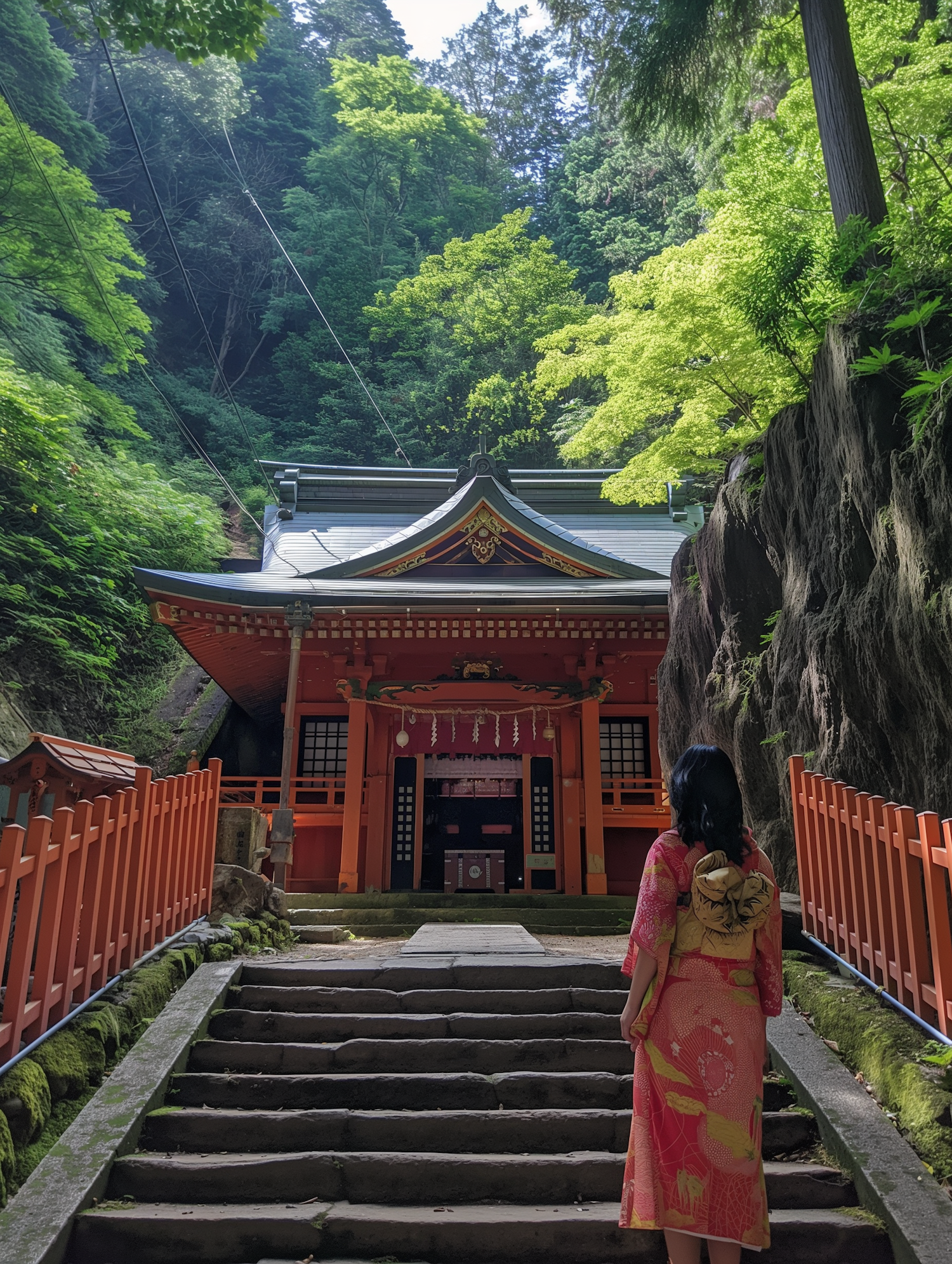 Woman in Pink Kimono Climbing Steps to Shrine