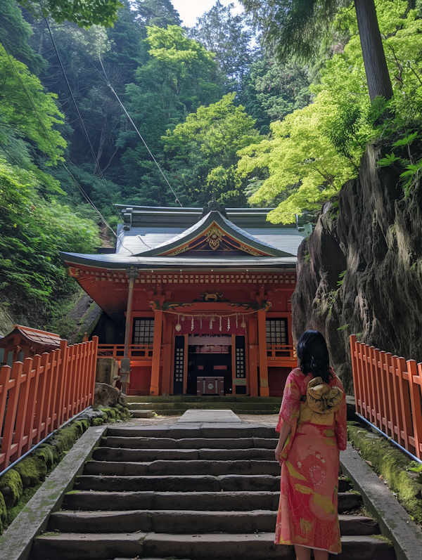 Woman in Pink Kimono Climbing Steps to Shrine