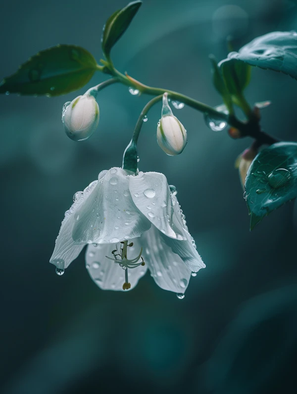 Luminous Droplets on White Flower